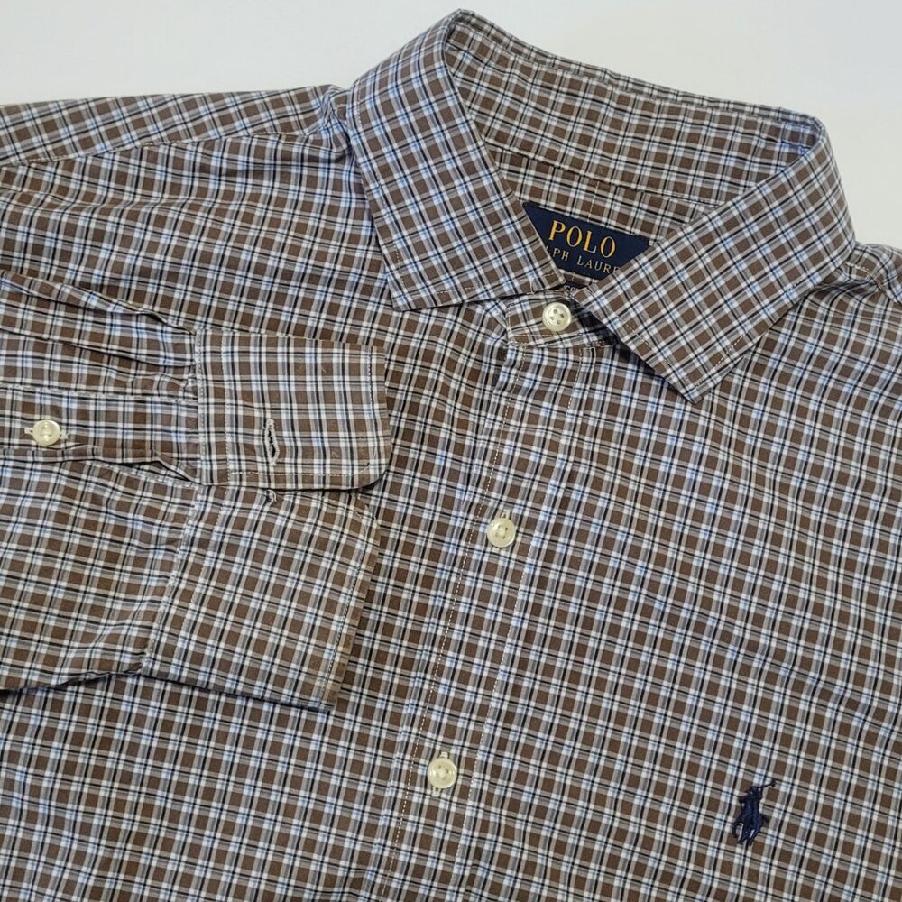 Polo Ralph Lauren Shirt Mens XL Blue Brown Gingham Check Pony Button Up Stretch